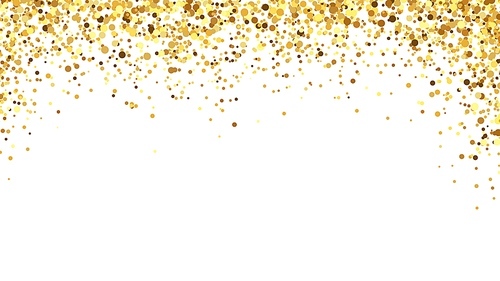 Golden confetti background. Sparkling and shiny tinsel decoration for event celebration. Bright festive pieces falling from above for birthday greeting, invitation cards vector illustration