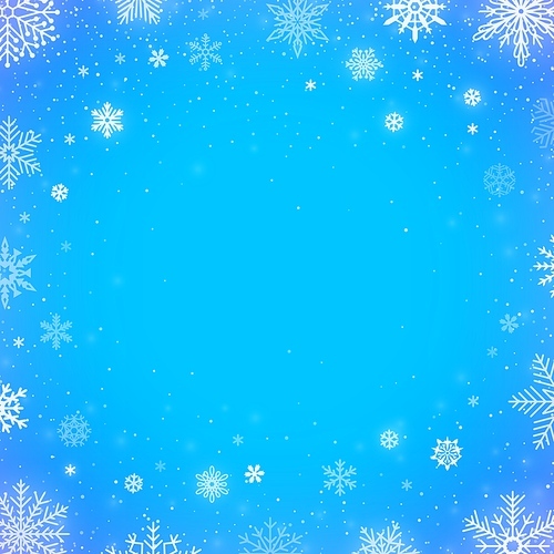 Winter falling snow blue background. Christmas or new year border decoration. Winter season snowfall for decoration or greeting and invitation cards design. Flakes template vector illustration