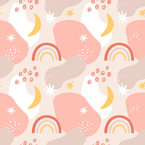 Abstract shapes seamless pattern. Hand drawn trendy brush strokes, grunge collage, bright stains for textile , vector texture. Pastel pink colors, rainbow with moon and stars and drops
