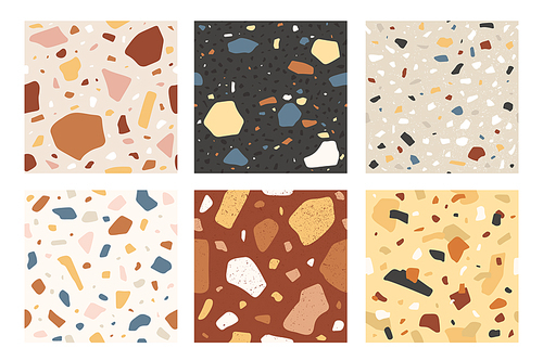 Terrazzo seamless pattern. Veneziano italian stone mosaic composite texture, decorative tile. Granite flooring textured sample, vector set. Colorful chaotic elements and pieces collection