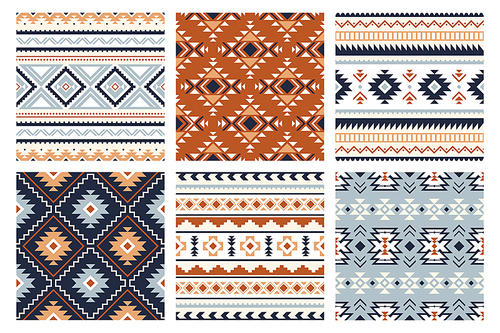Tribal indian seamless pattern. Color mexican, aztec and maya ornament, ethnic stylish fabric geometric  wallpaper texture vector set. Unique folk, national culture collection