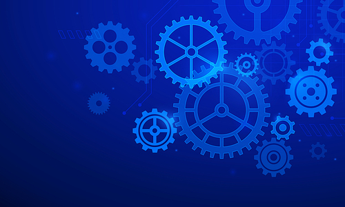 Gears background. Abstract blue futuristic graphic with cogs and wheels system. Digital it and engineering. Future technology vector concept. Illustration transmission steel cogwheel