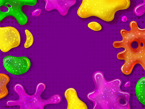 Glitter slime. Glossy goo splashes and sticky slimes blotches. Dripping border with gooey toy. Shiny kids color. Realistic vector background. Girly stains and splatters in different shapes