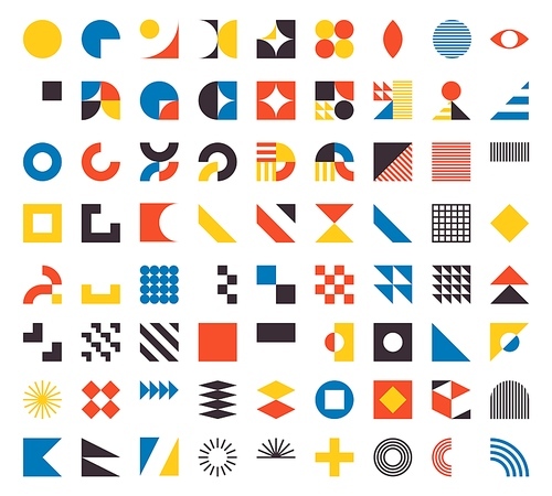 Bauhaus elements. Modern geometric abstract shapes in minimal style. Brutalism basic forms, lines, eye, circles and patterns, art vector set. Colorful figures and dots simple design