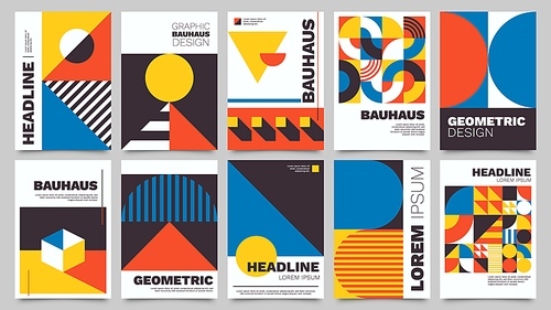 Bauhaus posters. Modern abstract brochure with geometric shapes, triangles, circles and squares. Minimal bold architecture style vector set with basic figures templates. Artwork album covers