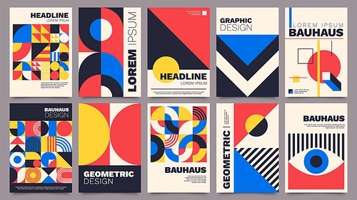 Geometric posters. Bauhaus cover templates with abstract geometry. Retro architecture minimal shapes, forms, lines and eye design vector set. Magazine, journal or album creative art cover