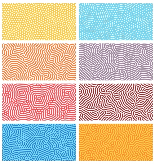 Diffusion seamless patterns. Modern bio organic Turing design with abstract stipple, dots and lines. Geometric ornament vector textures set. Rounded colorful lines. Structure of natural cells, maze