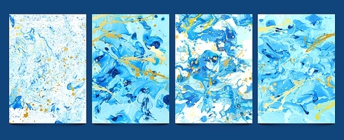 Watercolor fluid. Modern blue marble textures with golden splashes. Abstract water pattern, liquid paint, stone geode design. Ink prints set marble abstract blue and gold, acrylic surface illustration