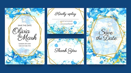 Watercolor wedding invite cards. Blue and gold invitation templates with liquid paint splatters and golden. Save the date vector set. Design of wedding, watercolor background elegant illustration