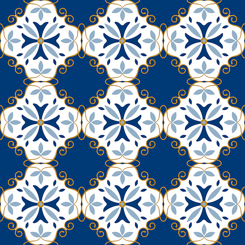 Moroccan pattern. Decor tile texture tiling seamless pattern. Blue tiles  or ornamental tiling floor. mediterranean decorative mosaic kitchen interior vector illustration