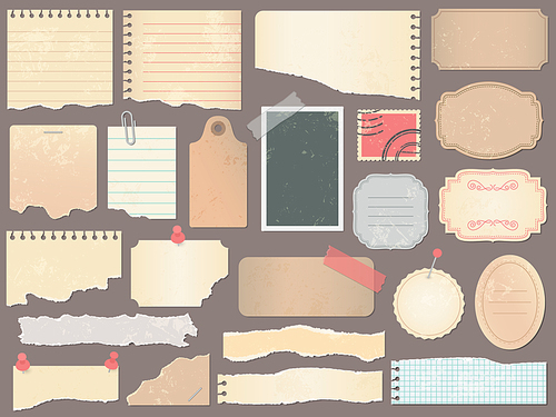 Scrapbook papers. Vintage scrapbooking paper, retro scraps pages and old antique album papers texture. Cardboard scrapbooks memo tags or notebook page. Vector illustration isolated symbols set