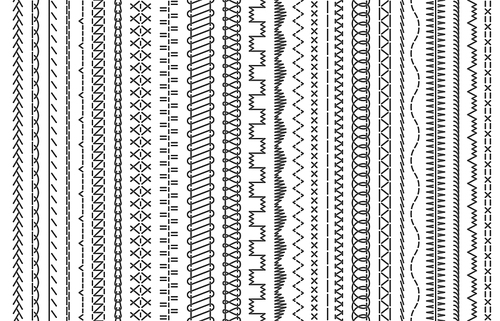 Sewing machine stitches. Stitching seams, stitched sew seamless pattern brush and embroidery sews stitch. Fashion tribal threads, sewing cloth stitch. Vector illustration isolated symbols set