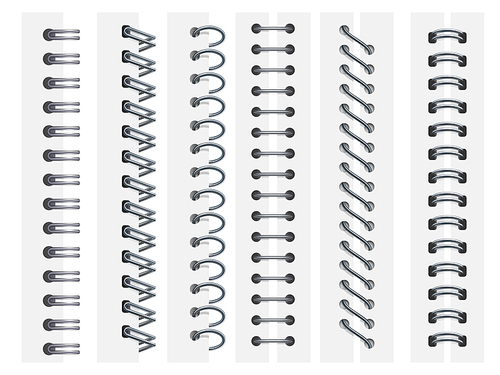 Notebook spirals. Rings binding notebooks pages, spiral fastening sheets and sketchbook bindings ring. Calendar, organizer or diary spirals binder. 3d realistic vector illustration signs set