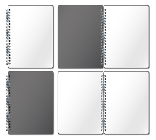 Notebook mockup. Empty copybook, notebooks pages binded on metal spiral and open bound sketchbook. Diaries notepad or scrapbook. Realistic 3d vector illustration isolated icons set