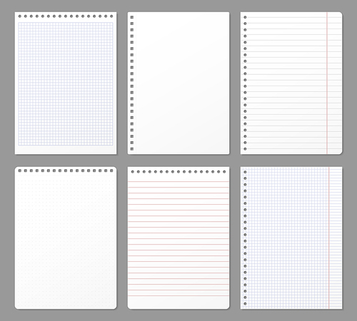 Notebook sheet. Sheets torn from notebook, paper note lined page and copybook notepad padded paper. Office memo notes blank or sketchpad. Isolated vector realistic illustration 3D icons set