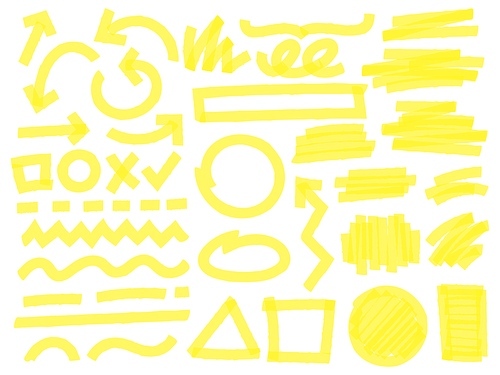 Highlight marker strokes. Yellow checkmark marks, text highlighter lines and highlights marking vector set. Bright arrows, geometric shapes, lines and random scratches isolated on white 
