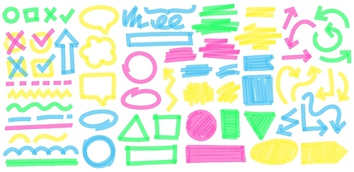 Color highlight marker strokes. Colorful markers cross and tick mark, doodle highlights arrows and marker stroke frames vector set. Multicolor symbols, arrows, speech clouds and geometric shapes