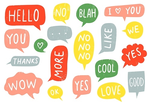 Textured speech bubble signs. Thanks sign, yes and no doodle. Hand drawn frames with ok, good and i love you text vector set. Colorful text clouds with different words. Messaging design elements