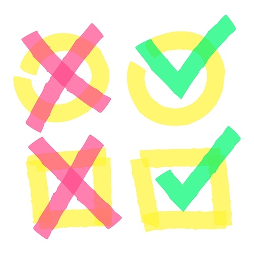 Color highlight marker check marks. Doodle green ticks and red crosses in circle and square boxes. Hand drawn bright correct and wrong signs in yellow box isolated vector illustration