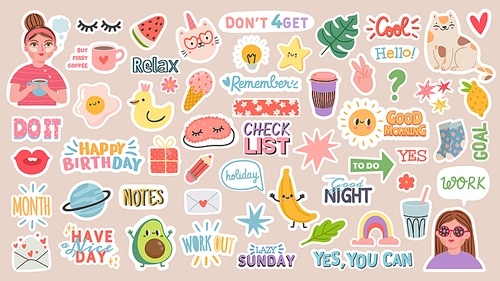 Diary stickers. Words, characters and quotes for planner journal. Trendy notebook decor with girls, food and cats. Daily reminder vector set as coffee cup, love letter, rainbow and light bulb