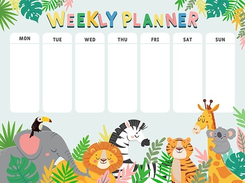 Weekly planner for kid. Child schedule for week with tropical jungle animals and plants. Calendar for elementary school student vector table with lion, zebra, tiger and elephant characters