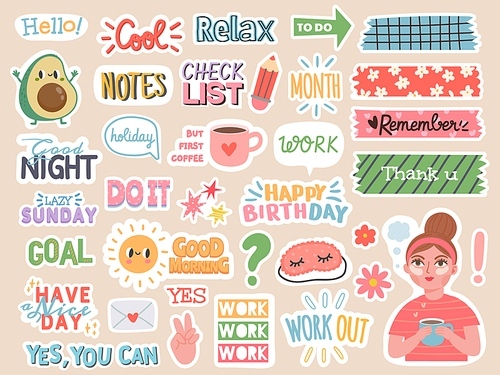 Planner stickers. Cartoon characters and motivation notes for diary, to do list or scrapbook decoration. Organizer journal words vector set with phrases and avocado, girl, sleeping mask badges