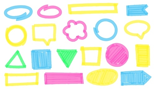 highlight marker s. colorful geometric figures and shapes border as ellipse, square, circle, rectangle and triangle. bright speech bubble or clouds for text vector illustration