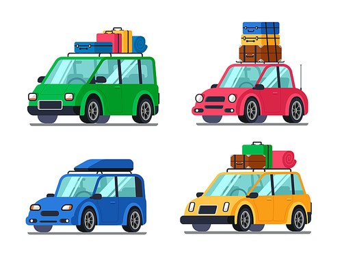 Travel cars. Car with tourism gear and baggage for family travels. Hybrid passenger speed vehicle cars flat colorful vector illustration isolated symbol set