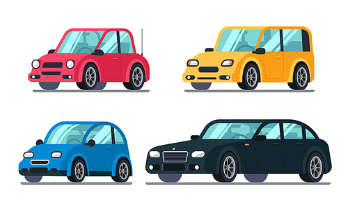 Different flat cars. Cheap motor car on wheels, family hybrid sedan passenger suv luxury premium vehicle automobile colorful cartoon collection vector illustration isolated icon