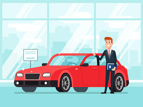 Car salesman in dealer showroom. New cars sales, happy seller agent owner shows premium vehicle auto lease in showroom dealership service to business buyer rentals cartoon concept illustration