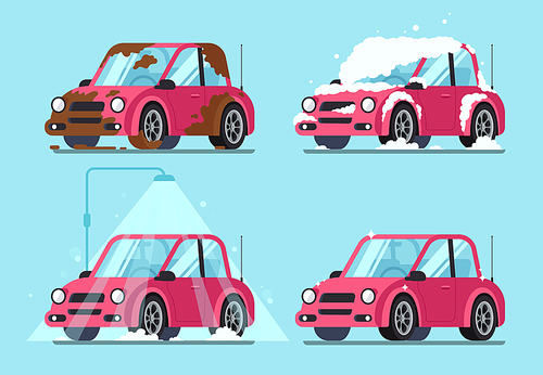 Washing dirty car. Steps of cleaning cars from muddy dust and cartoon dirt covered wash dripping foam to clean and shiny red automobile vector illustration isolated flat sign set