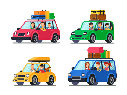 Family traveling cars. Happy people travel in car. Vacation trip with mother and funny driver father in minivan person tripping and kids luggage in auto cartoon vector isolated illustration icon set