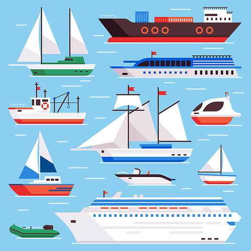 Flat sea ships. Marine shipping sailing boat, ocean cruise liner and icebreaker ship, sailboat yacht steamer and fishing boats on water harbor vector isolated sign set