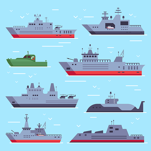 Flat military boats. Navy battle ships, sea combat security boat and battleship weapon, frigate army ship at sea and submarine. Naval warship vector isolated icons collection