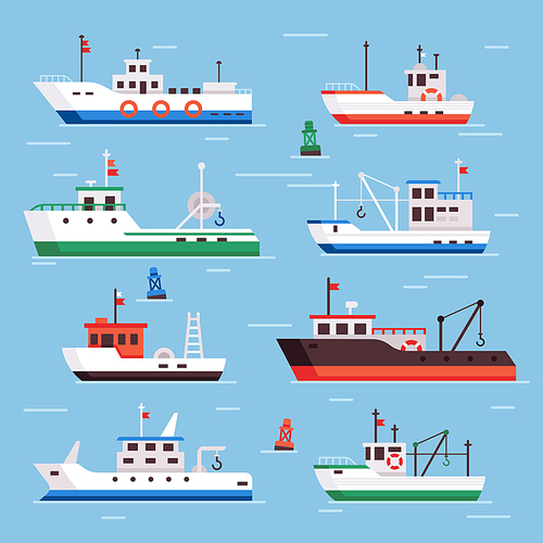 Flat fishing boats. Commercial fishery ships, seafood industry ship and marine fisher boat in harbor on water, fish shipping sea flat vector isolated icons collection