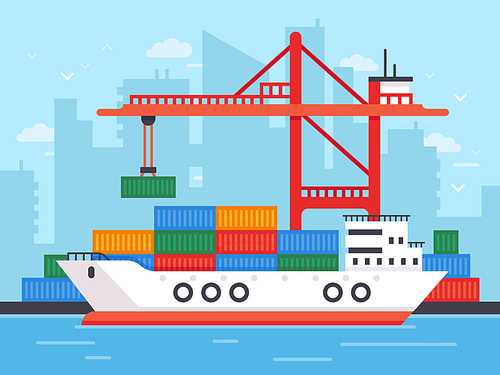 Flat cargo ship in docks. Harbor crane of shipping port loading containers to marine ocean freight vessel boat, worldwide marine industry water transport truck in sea port vector illustration