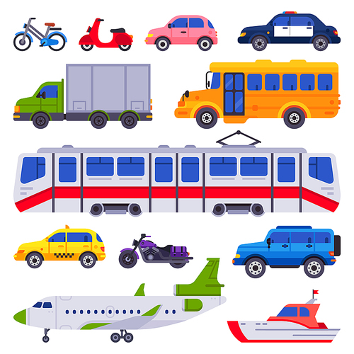 Public transport. Taxi car vehicle, city train and urban transporter. Road transport tram, train motorcycle and plane. Transportation isolated cars vector icons collection