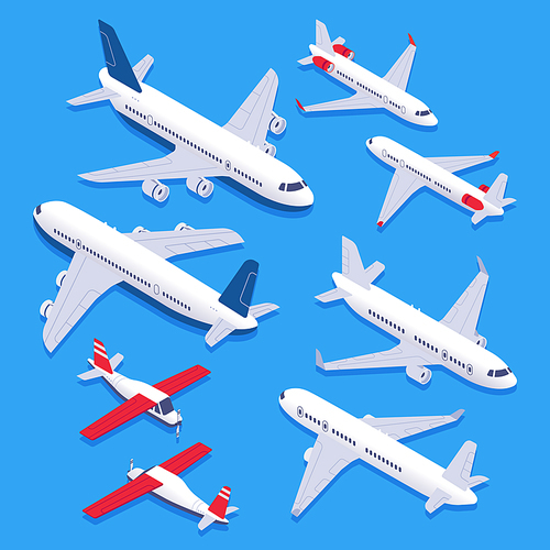 Isometric airplanes. Passenger jet airplane, private aircraft and airline plane. Aviation planes, aerial flight vehicles or aircraft private airplanes 3d isolated vector icons set