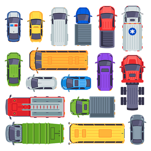 Top view public transport. Taxi car, city buses and ambulance vehicle. Delivery truck, school bus and fire engine. Urban municipal auto or bus transportation. Vector isolated icons set