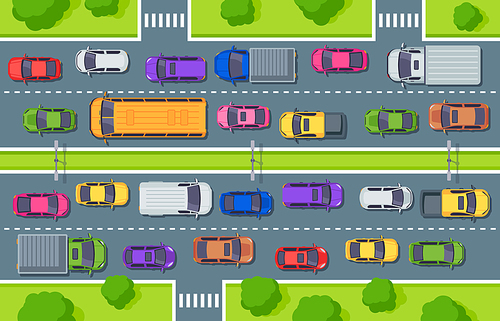Traffic jam. Highway top view, trucks cars on road and car traffic control. Street driver, city vehicle air pollution or cargo jams cars driving art for game vector illustration