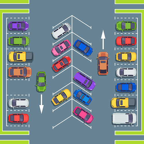 City parking top view. Park spaces for cars, car parking zone. Automobile on asphalt road, vehicle parking area or auto transport park vector illustration