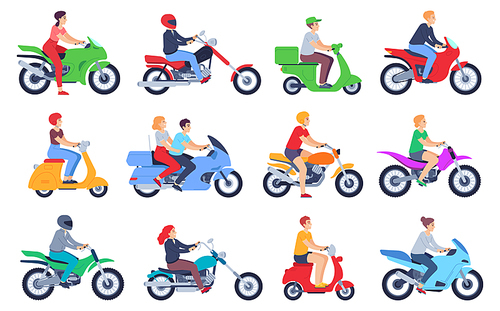 Motorcycle riders. Men and women drivers in helmet on moped, motorbike. Fast delivery food courier, family on scooter cartoon vector set. Female and male characters riding bike isolated