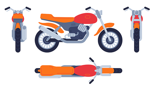 Motorcycle in different positions. Motorbike top, front back and side view, detailed motocross vehicles transport mockup vector set. Motorcycle and bike, motorbike transport illustration