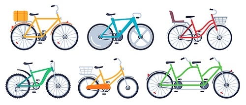 Bicycle of set color flat for adult and kids. Mountain bicycle, transport exercise, vector illustration