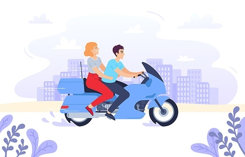 Couple on a motorcycle. Vector illustration motorbike with woman and man travel on road, girl and biker ride