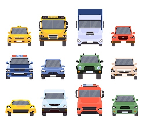 Cars front view. Flat urban vehicles taxi, police, delivery service, school bus, van, truck and sport vehicle. Cartoon car model vector set. Car taxi, urban automobile, motor sedan illustration