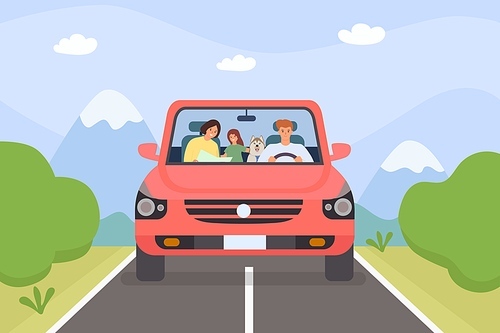 Family in car. Parents, kid and pet on weekend holiday road trip. Minivan with people. Cartoon adventure travel in mountain, vector concept. Illustration outdoors vacation trip, drive family