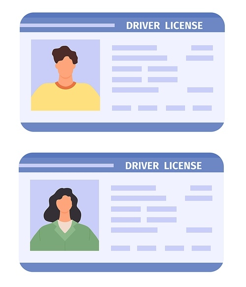 Drivers id card. Woman and man driving licences with photo. Flat plastic identity document icon. Personal driver badges vector template set. Id document to drive automobile woman and man illustration