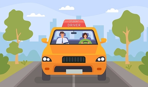 Driving school lesson. Cartoon instructor and female student drive car on road. Teacher tests woman for driver license, flat vector concept. Illustration driver teacher, instructor education