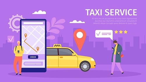 Taxi online service. Young man and woman order cab by smartphone. Big phone with map and location. Mobile app for book taxi vector concept. Route on cellphone screen, rating trip or drive